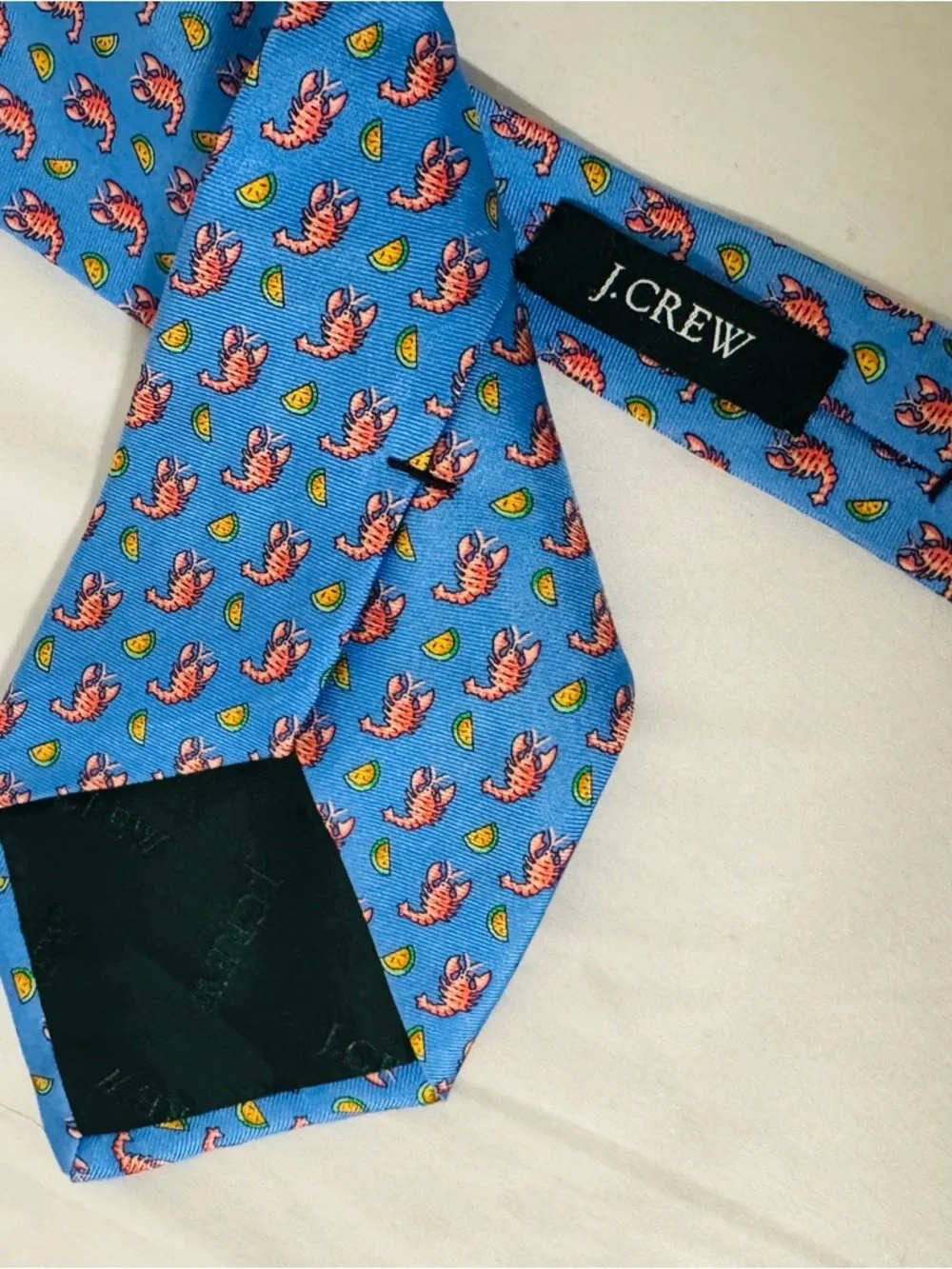 J. Crew Vintage Lobsters and Lemon Motif Blue 100% Silk Tie Made in USA